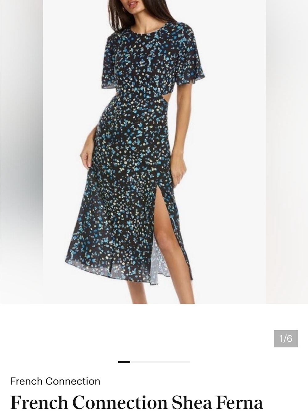 French Connection Black Midi Dress with Blue Floral Accents NWOT